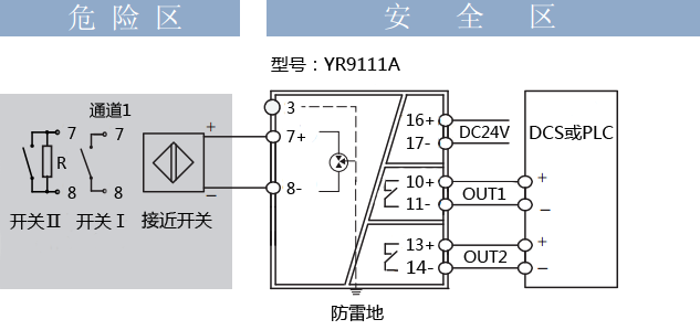 YR9111-EX 和YR9116-EX 開關量安全柵接線圖 YR9111-EX 和YR9116-EX 開關量安全柵接線圖