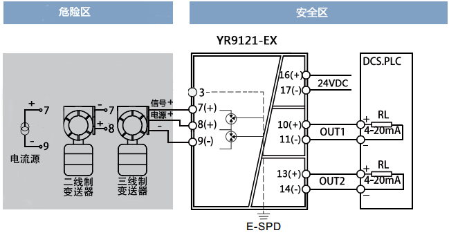 一進(jìn)二出檢測(cè)端隔離安全柵接線圖 一進(jìn)二出檢測(cè)端隔離安全柵接線圖